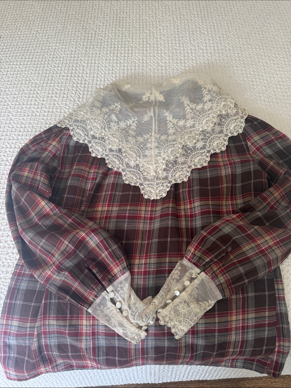 Vintage 80’s Ralph Lauren Plaid Flannel Button Front
Lace Trim Scarf Cuffs - Picture 13 of 16